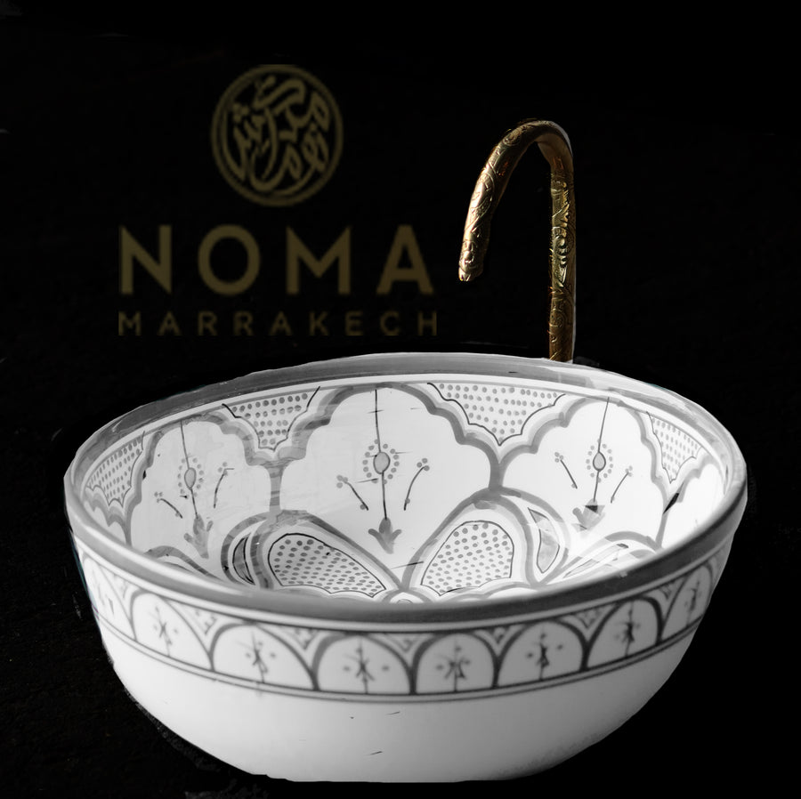 Pedestal washbasin in hand-painted grey and white pattern