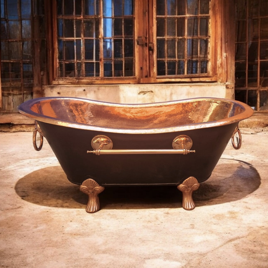 Copper bathtub with blackened exterior.