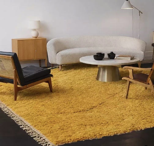 Shaggy hand-knotted rug in yellow and grey